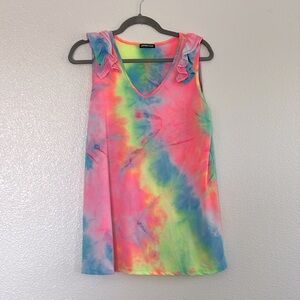 Ruffled shoulder neon tie dye tank, size Large